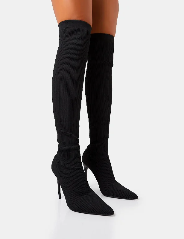 trendy shoes for women’s back-to-school fashion -Chateau Black Knitted Sock Stiletto Over The Knee Pointed Toe Boots