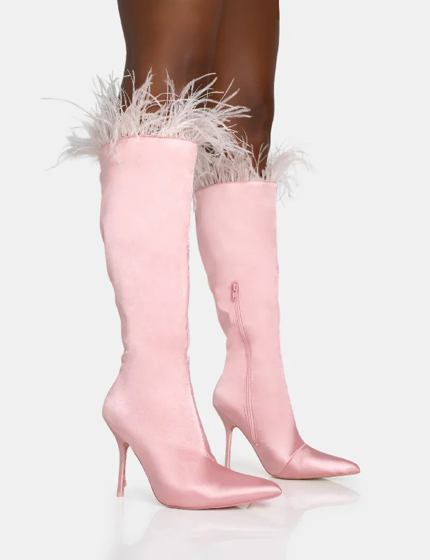 fashionable women’s moccasins for cozy days -Baddie Baby Pink Satin Feather Pointed Toe Stiletto Knee High Boots