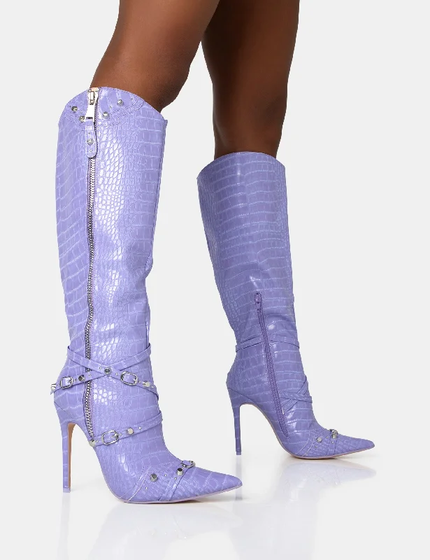 trendy women’s platform heels for chic looks -Worthy Lilac Croc Studded Zip Detail Pointed Toe Stiletto Knee High Boots