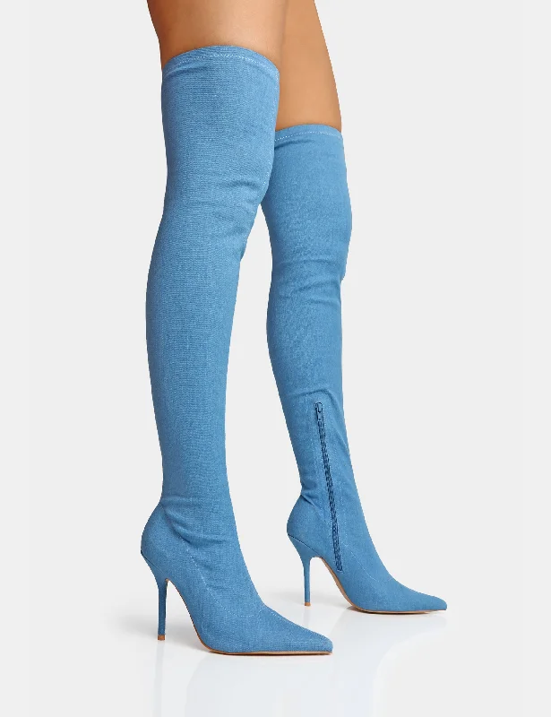 best shoes for women’s garden parties -Jodie Blue Denim Seam Detail Pointed Toe Stiletto Over The Knee Boots