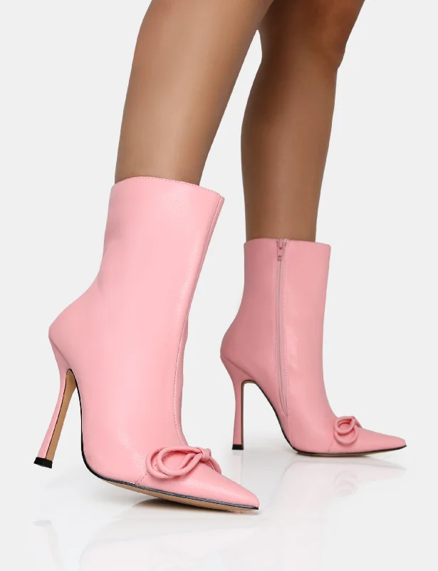 trendy ankle boots for women’s fall outfits -Rhia Pink Pu Bow Pointed Toe Stiletto Ankle Boots