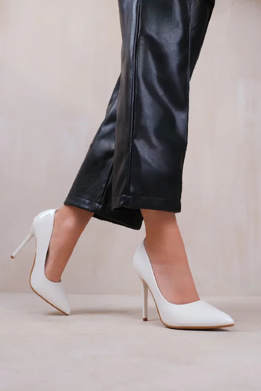 trendy women’s heels for office settings -KYRA HIGH HEEL STILETTO PUMPS IN WHITE PATENT FAUX LEATHER