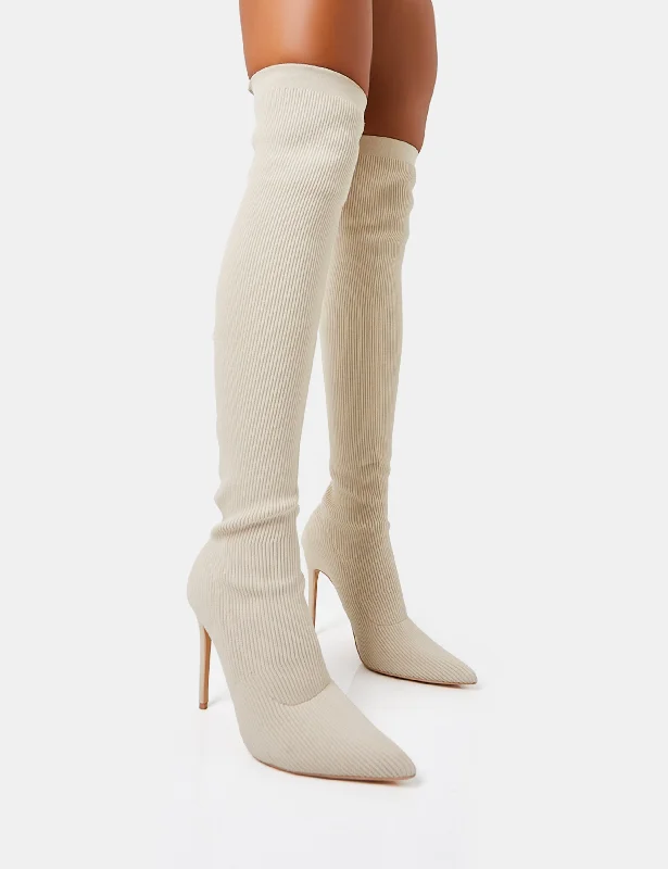 best shoes for women’s cold weather outfits -Chateau Off White Knitted Sock Stiletto Over The Knee Pointed Boots