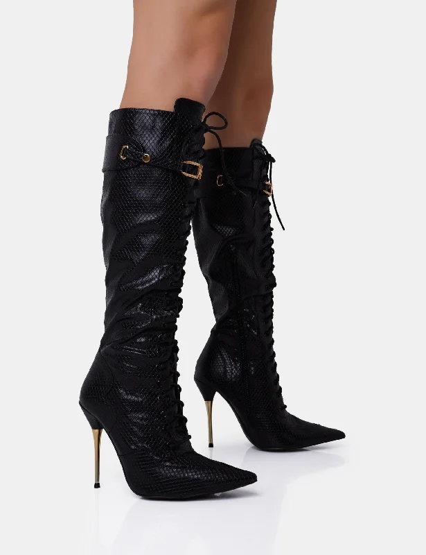 stylish high-top sneakers for women -Infatuated Black Croc Lace Up Buckle Feature Stiletto Knee High Boots