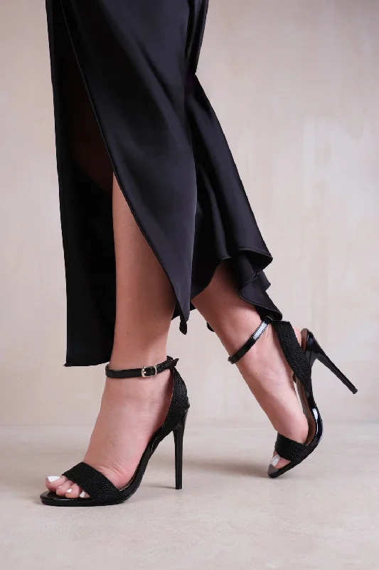 trendy women’s platform heels for chic looks -VENUS HIGH HEELS WITH THREADED WIDE STRAPS IN BLACK FAUX LEATHER