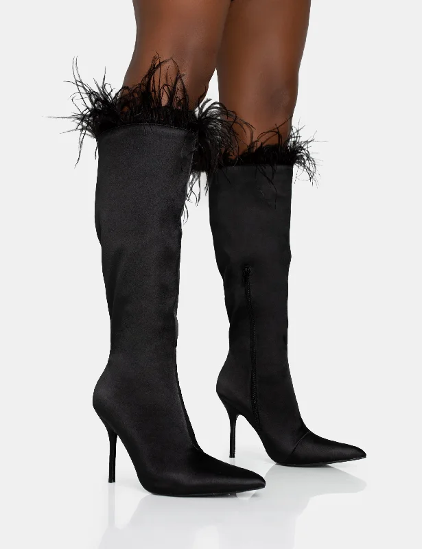 fashionable women’s boots for casual style -Baddie Black Satin Feather Pointed Court Stiletto Knee High Boots