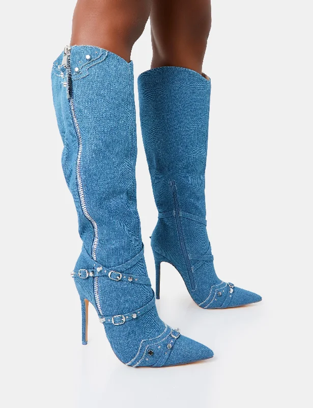 comfortable shoes for women’s road trips -Worthy Blue Denim Studded Zip Detail Pointed Stiletto Knee High Boots