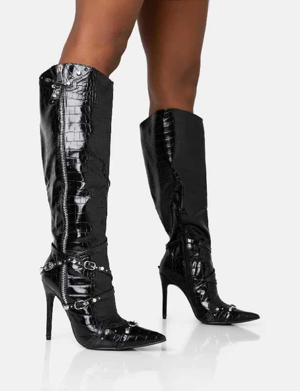 elegant shoes for women’s evening events -Worthy Black Croc Studded Zip Detail Pointed Stiletto Knee High Boots