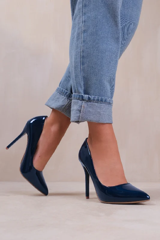 chic women’s boots for fall and winter -KYRA HIGH HEEL STILETTO PUMPS IN NAVY PATENT FAUX LEATHER