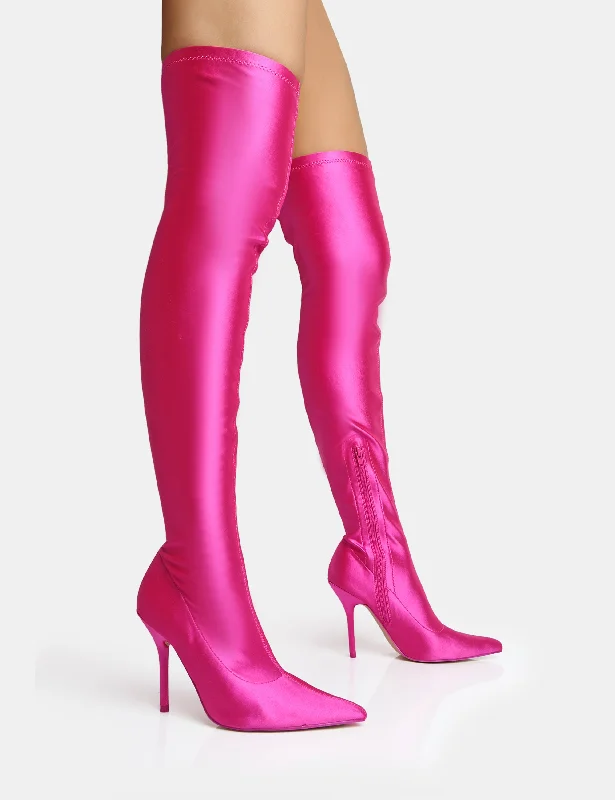 best shoes for women’s rainy season wardrobe -Instinct Pink Lycra Pointed Toe Stiletto Over The Knee Boots