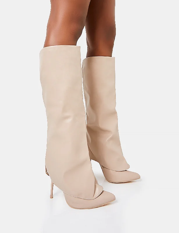 stylish women’s boots for hiking trips -All Yours Nude Pu Fold Over Pointed Toe Stiletto Knee High Boots