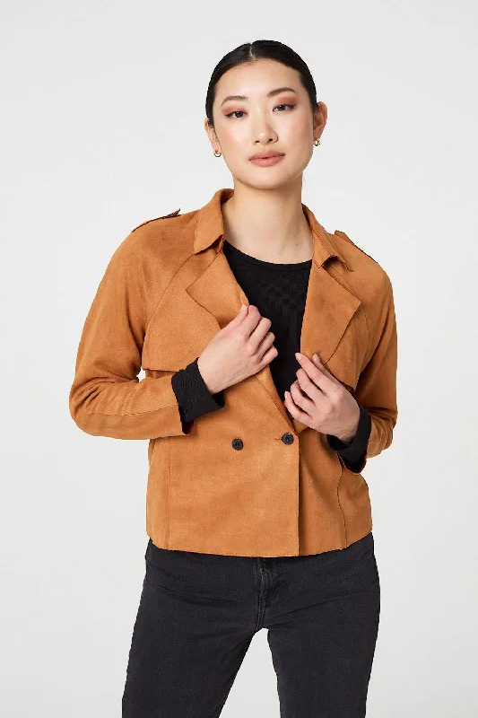 stylish sweaters for women’s fall wardrobe -Suede Texture 3/4 Sleeve Cropped Trench Coat