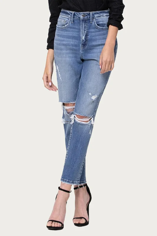 stylish outerwear for women’s fall collection -Comfort Stretch High-Rise Distressed Mom Jeans In Hollow