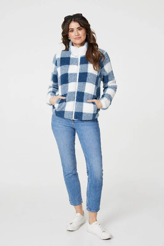 comfortable women’s jeans for everyday use -Checked Print Teddy Fleece Zip-Up Jacket