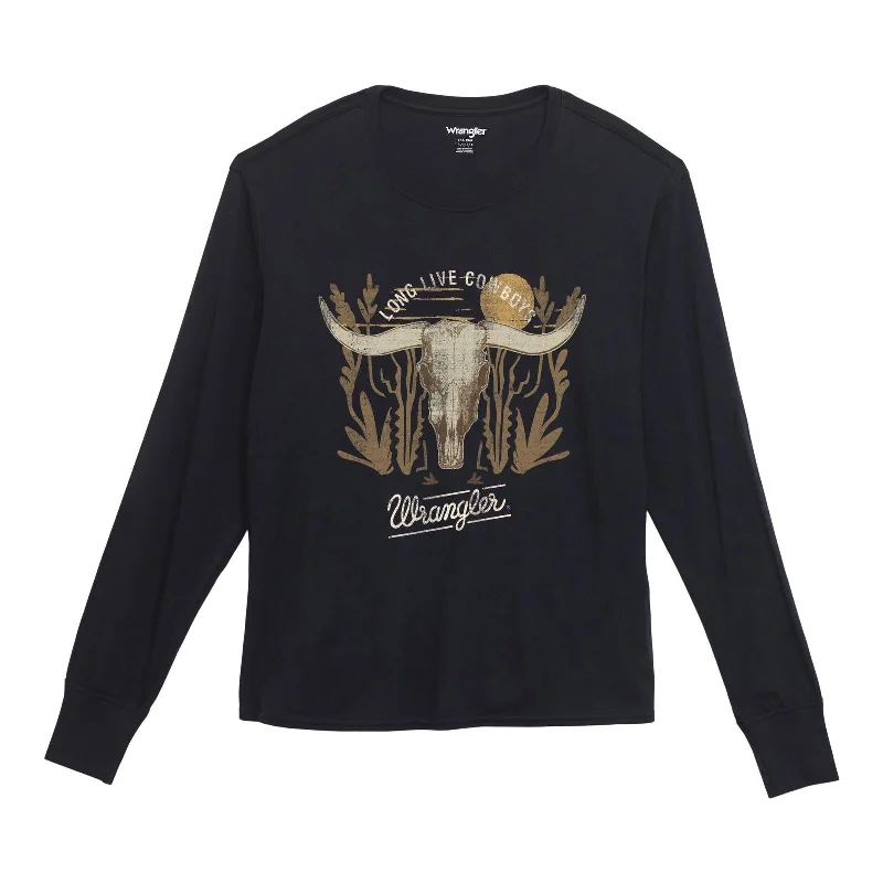 stylish outerwear for women’s fall collection -Women's Wrangler Steer Skull TShirt- Long Sleeve- Dark Navy