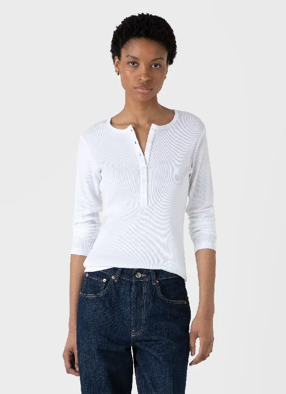 casual wear for women’s weekend fashion -Women's Rib Henley in White