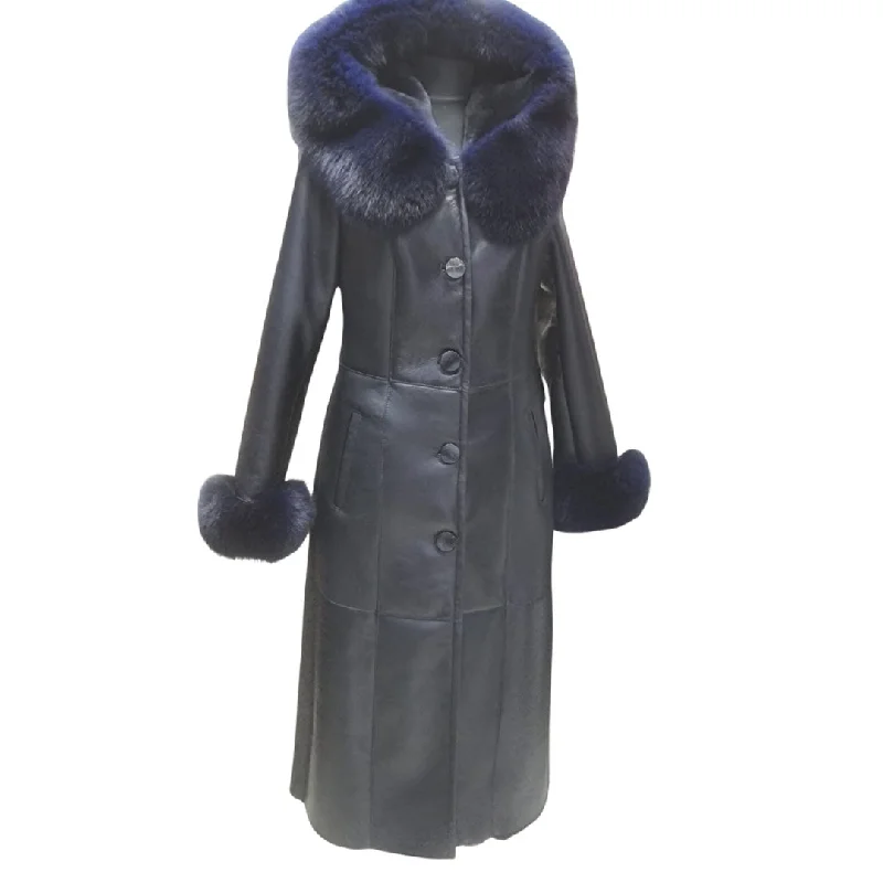 best women’s tunics for everyday fashion -Seren's Navy Blue Shearling coat with fox fur