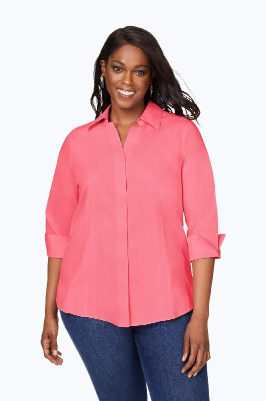 best women’s clothing for fall wardrobe -Taylor Plus Pinpoint No Iron 3/4 Sleeve Shirt, Rose Red