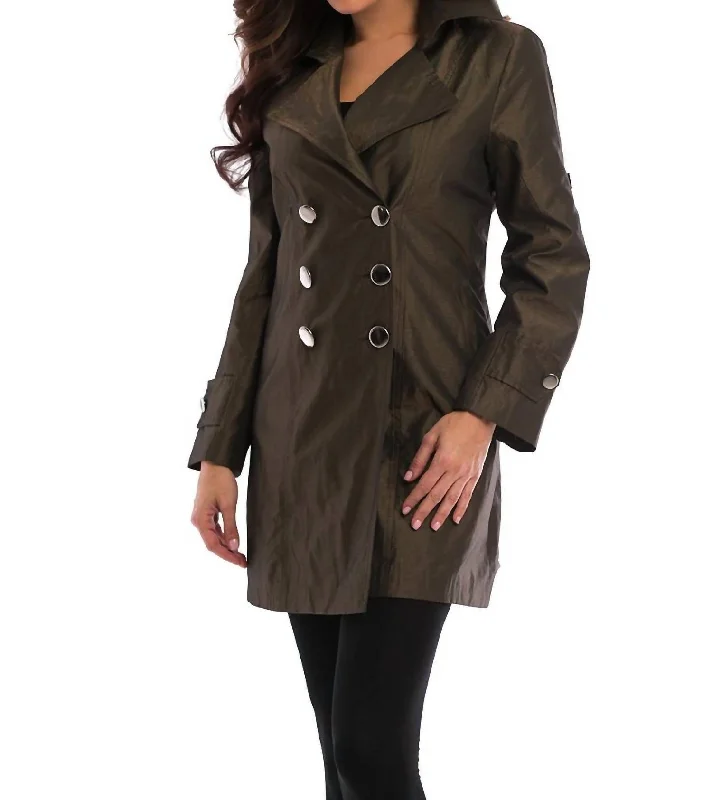 trendy women’s dresses for casual events -Metallic Double Breasted Rain Jacket In Army