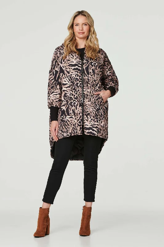 stylish skirts for women’s professional outfits -Printed Zip Front High Low Coat