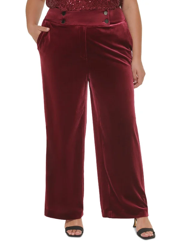 casual wear for women’s weekend fashion -Plus Womens Velvet Pocket Wide Leg Pants