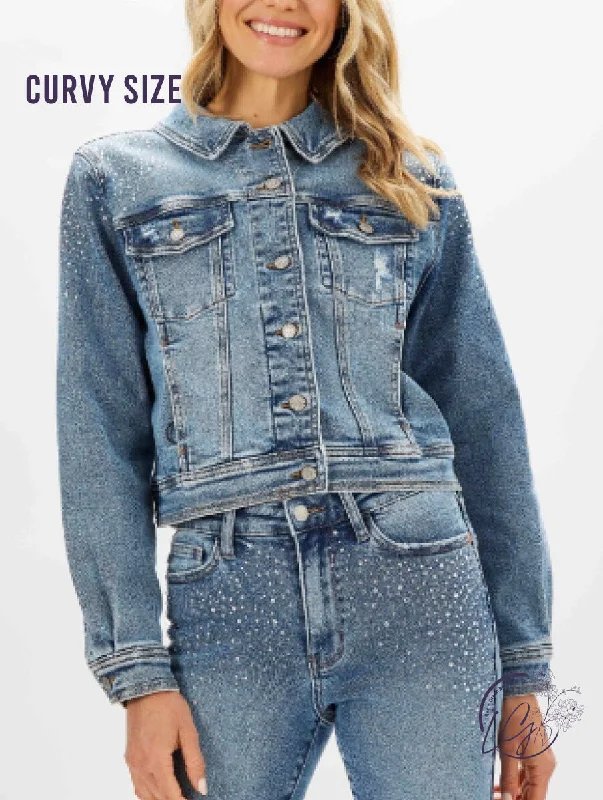 chic dresses for women’s brunch outfits -Curvy Rhinestone & Adventures Denim Jacket By Judy Blue