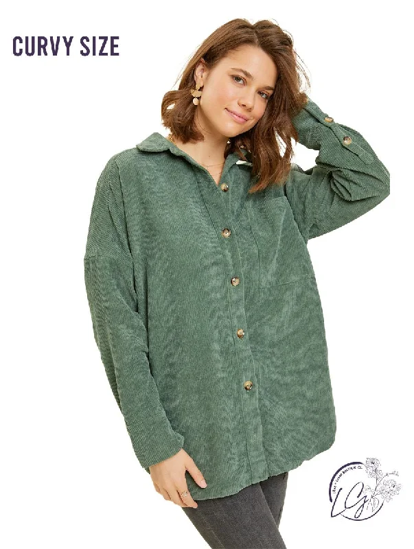 fashionable outerwear for women’s cold weather -Curvy Chill Vibe Corduroy Button Up