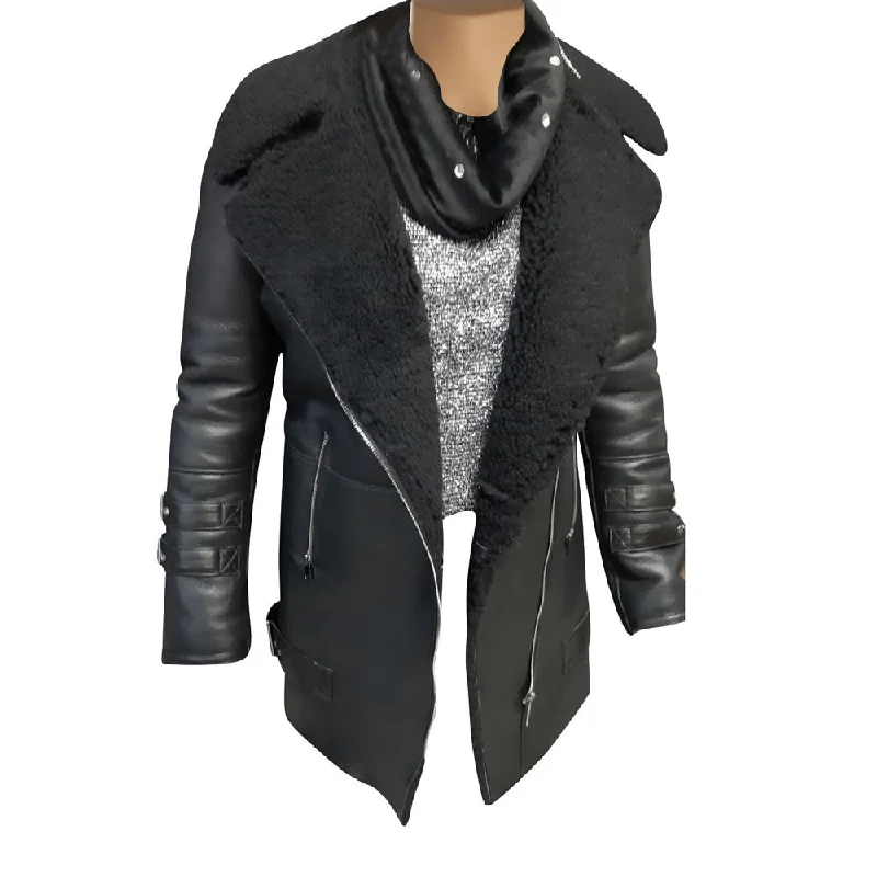 chic outerwear for women’s casual wear -Paulina's Black shearling jacket with large lapels