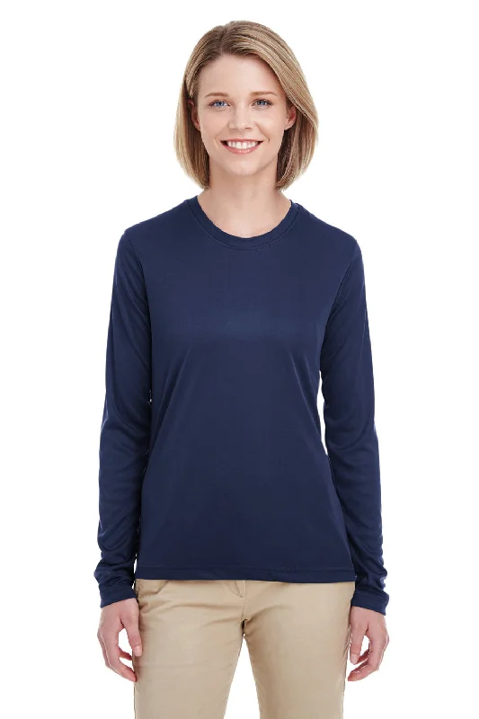 elegant clothing for women’s holiday wardrobe -UltraClub Womens Cool & Dry Performance Moisture Wicking Long Sleeve Crewneck T-Shirt - Navy Blue