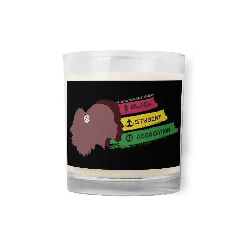 stylish women’s clothing for travel -Glass Jar Soy Wax Candle - Black | Black Student Association Logo