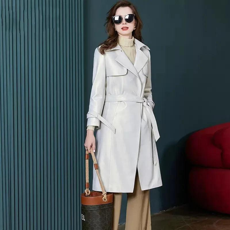 stylish skirts for women’s work fashion -Women's Luxury Genuine Sheepskin Leather Long Trench Coat – Elegant Slim Fit White Belted Windbreaker for Autumn Office