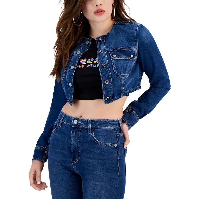 elegant clothing for women’s night outs -Guess Womens Lyssa Collarless Short Denim Jacket