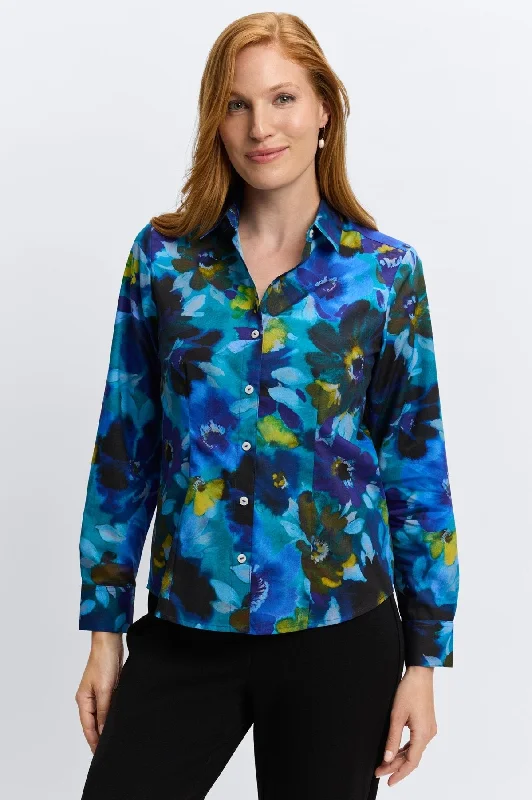 trendy women’s activewear for sports -June No Iron Painterly Floral Shirt