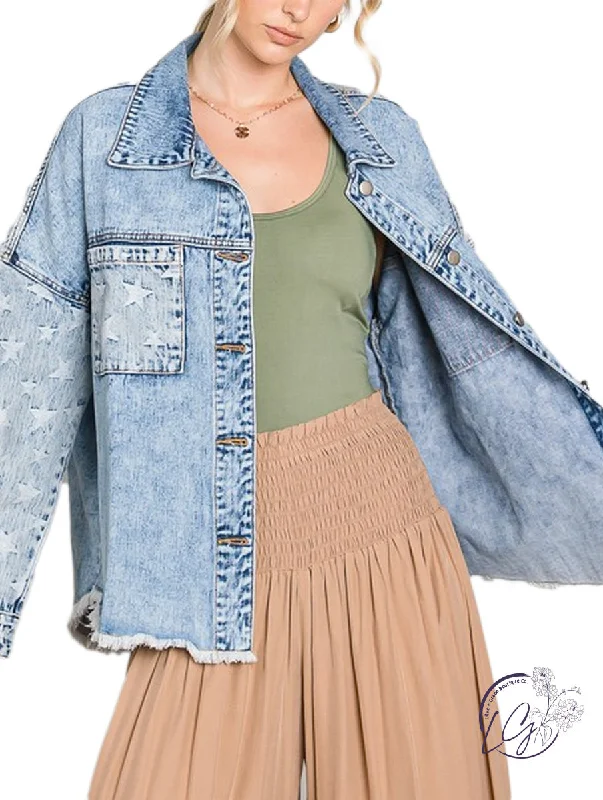 trendy clothing for women’s spring wardrobe -Star Button Down Denim Jacket