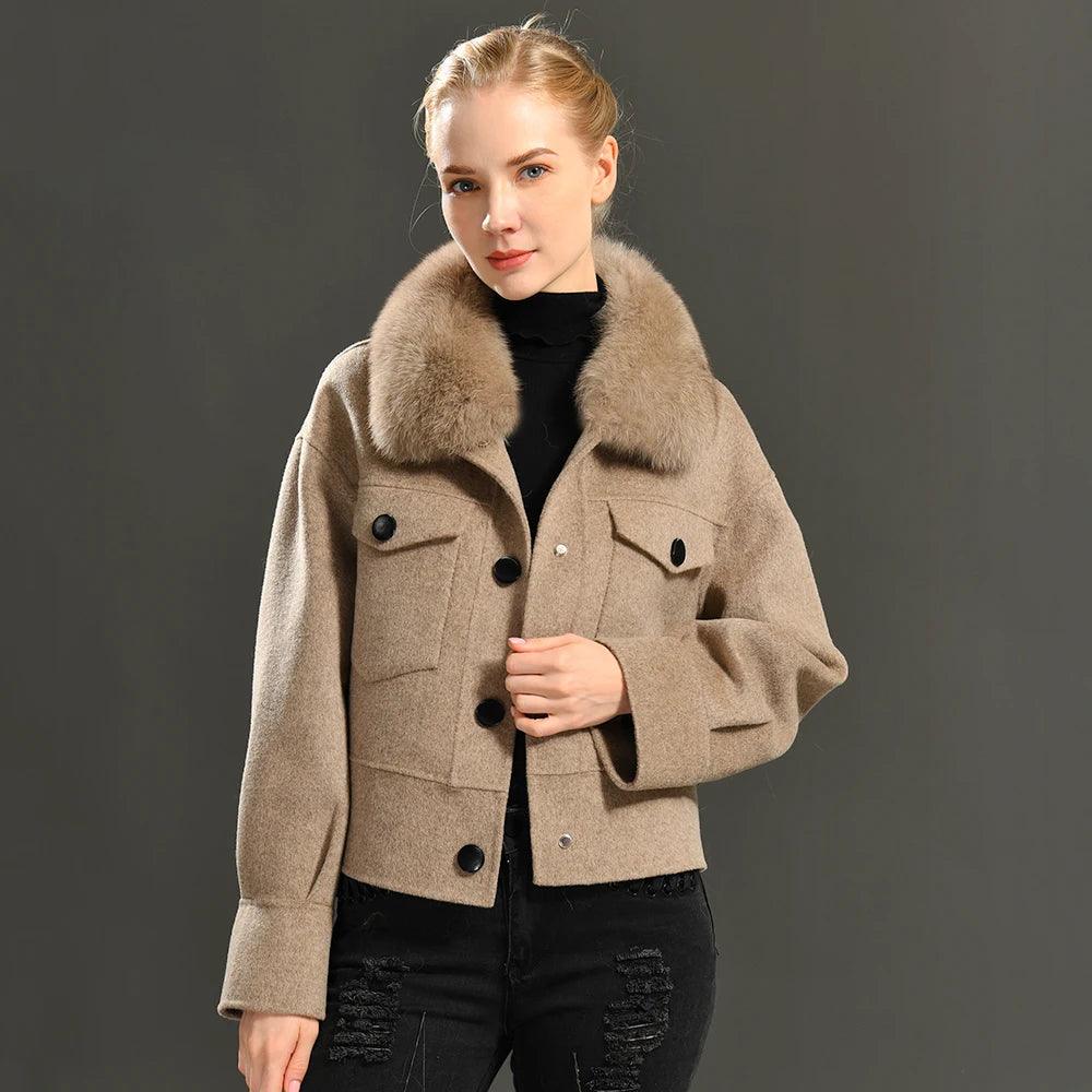 trendy dresses for women’s date nights -Women's Cashmere Wool Coat with Real Fur Collar – Winter Cropped Jacket, Full Sleeves, Pocketed Streetwear Outerwear