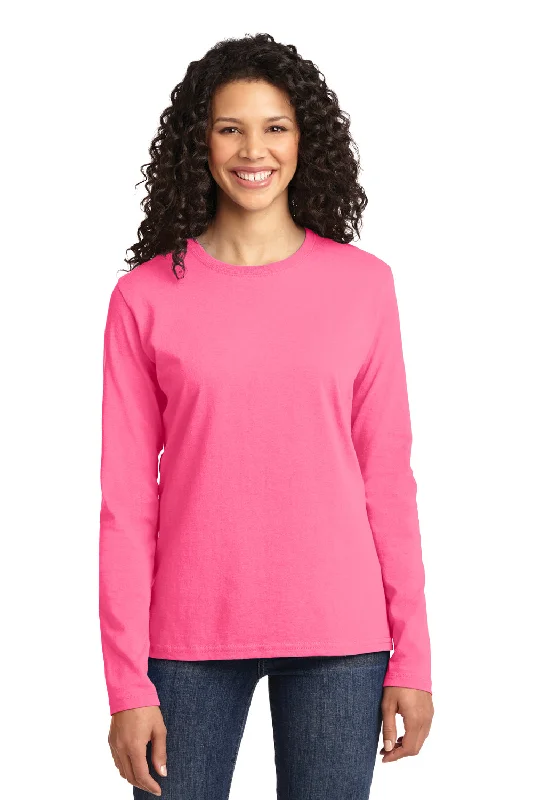 best women’s clothing for fall wardrobe -Port & Company Womens Core Long Sleeve Crewneck T-Shirt - Neon Pink - Closeout