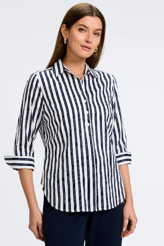 fashionable skirts for women’s summer outfits -Madison No Iron Double Stripe 3/4 Sleeve Shirt