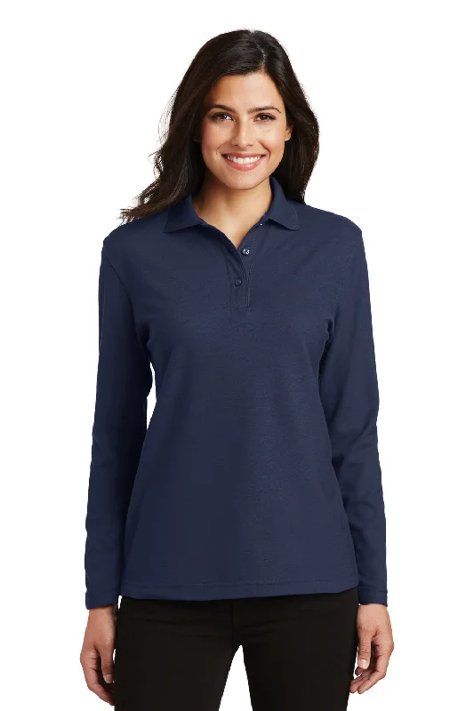 best women’s clothes for outdoor activities -Port Authority Womens Silk Touch Wrinkle Resistant Long Sleeve Polo Shirt - Navy Blue