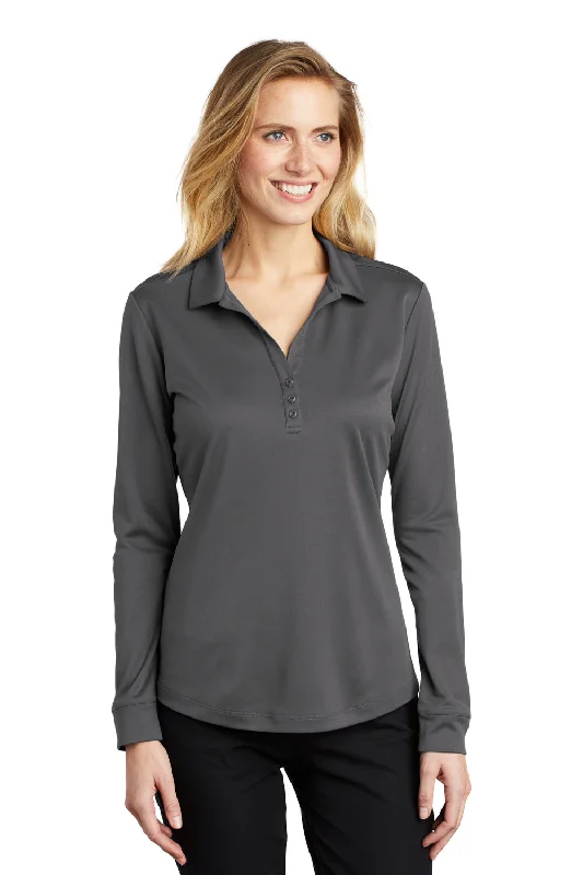 comfortable sweaters for women’s cold weather -Port Authority Womens Silk Touch Performance Moisture Wicking Long Sleeve Polo Shirt - Steel Grey