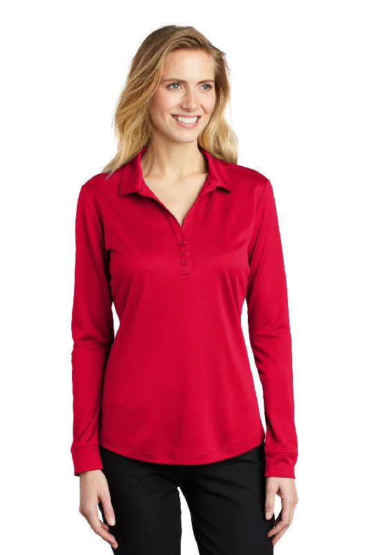 best women’s coats for rainy days -Port Authority Womens Silk Touch Performance Moisture Wicking Long Sleeve Polo Shirt - Red