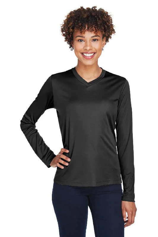 chic outerwear for women’s office style -Team 365 Womens Zone Performance Moisture Wicking Long Sleeve Crewneck T-Shirt - Black