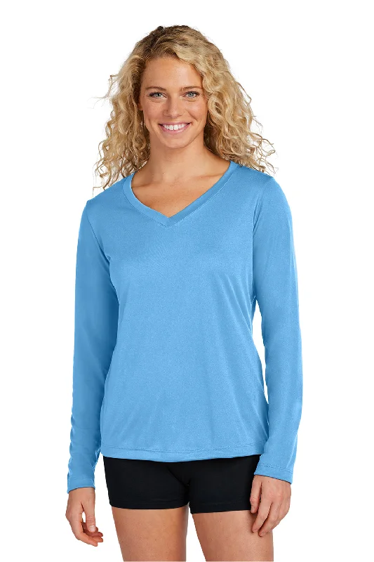 unique fashion styles for women’s office attire -Sport-Tek Womens Competitor Moisture Wicking Long Sleeve V-Neck T-Shirt - Carolina Blue