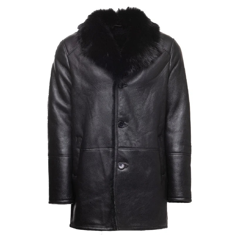 trendy outerwear for women’s winter wardrobe -Black shearling trench coat with Toscana fur trim