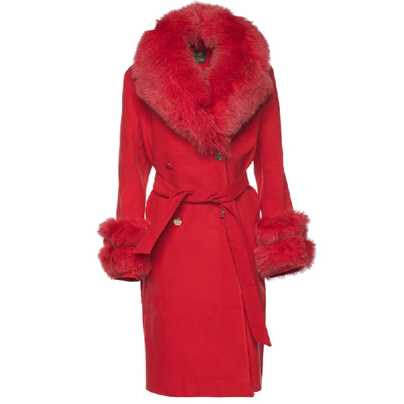 chic tunic tops for women’s casual style -Aria Red chic long cashmere blend coat with fox fur