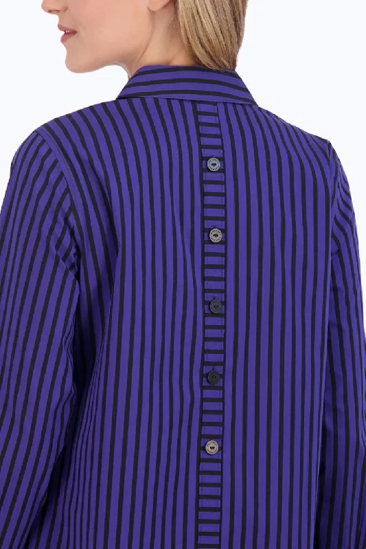 elegant outerwear for women’s evening wear -Pamela Stretch No Iron Stripe Shirt, Blue Iris/Black Stripe