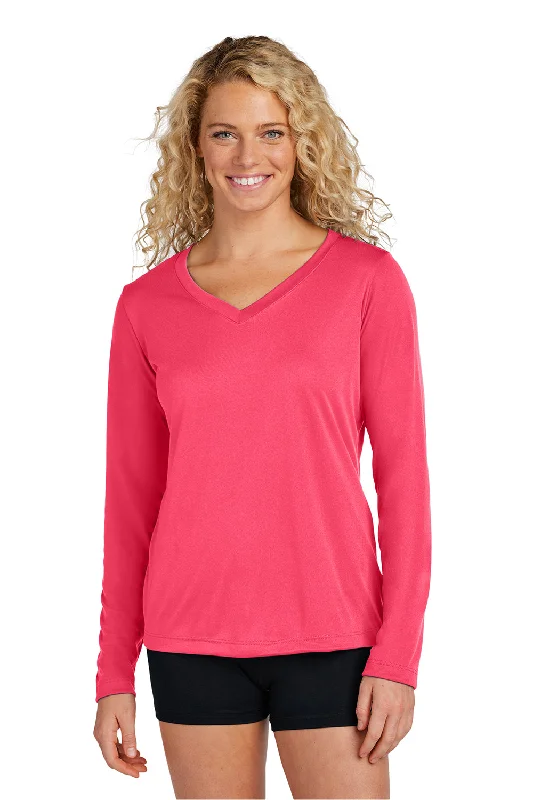 fashionable women’s clothing for evening parties -Sport-Tek Womens Competitor Moisture Wicking Long Sleeve V-Neck T-Shirt - Hot Coral Pink