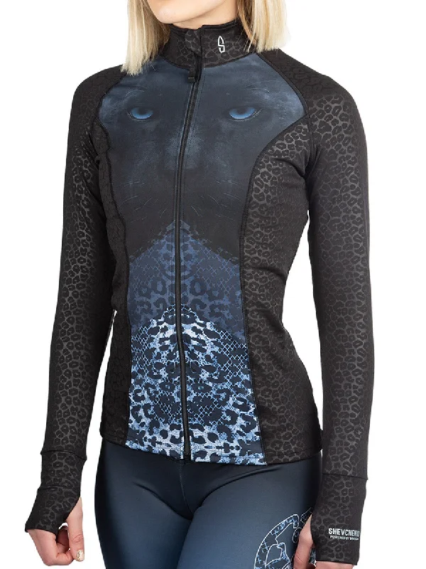 chic outerwear for women’s office style -La Pantera Blue Leopard Full Zip Longsleeve Shirt