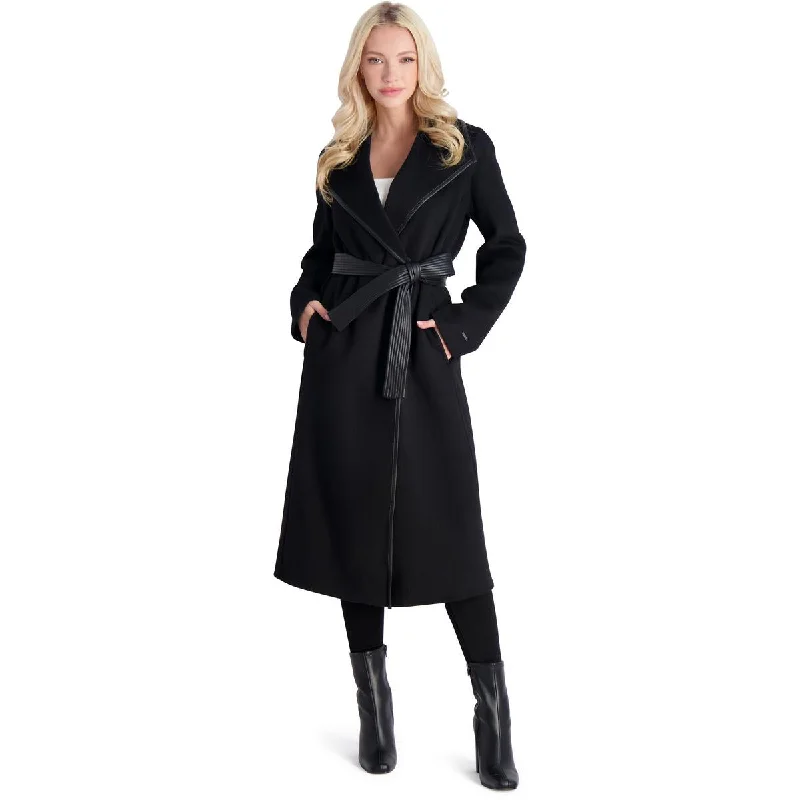 unique fashion styles for women’s office attire -Tahari Juliette Women's Wool Blend Double Face Faux Leather Trim Belted Coat