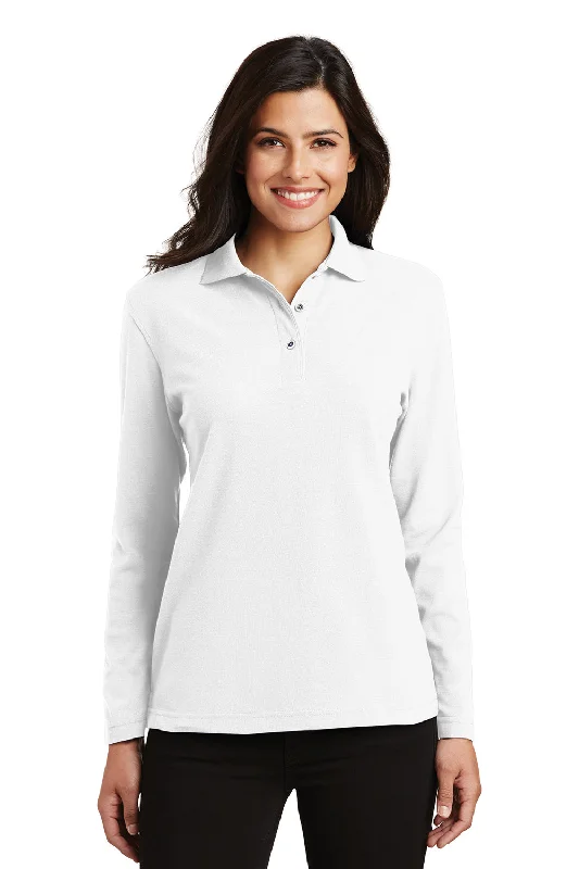 fashionable dresses for women’s date nights -Port Authority Womens Silk Touch Wrinkle Resistant Long Sleeve Polo Shirt - White