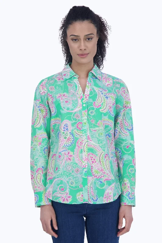 elegant clothing for women’s holiday wardrobe -Mary No Iron Green Paisley Shirt